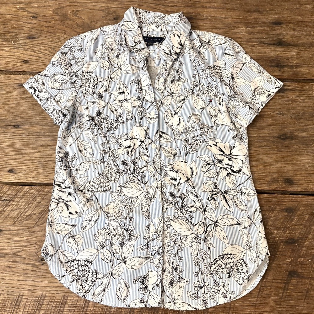 Tommy Hilfiger Women's Button Down Shirt Floral/Tropical Blue Linen‎ Size XS